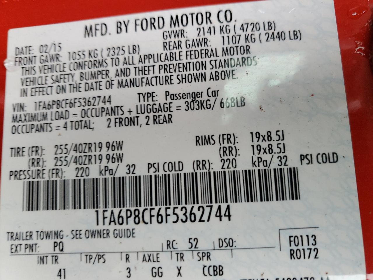 1FA6P8CF6F5362744 2015 Ford Mustang Gt