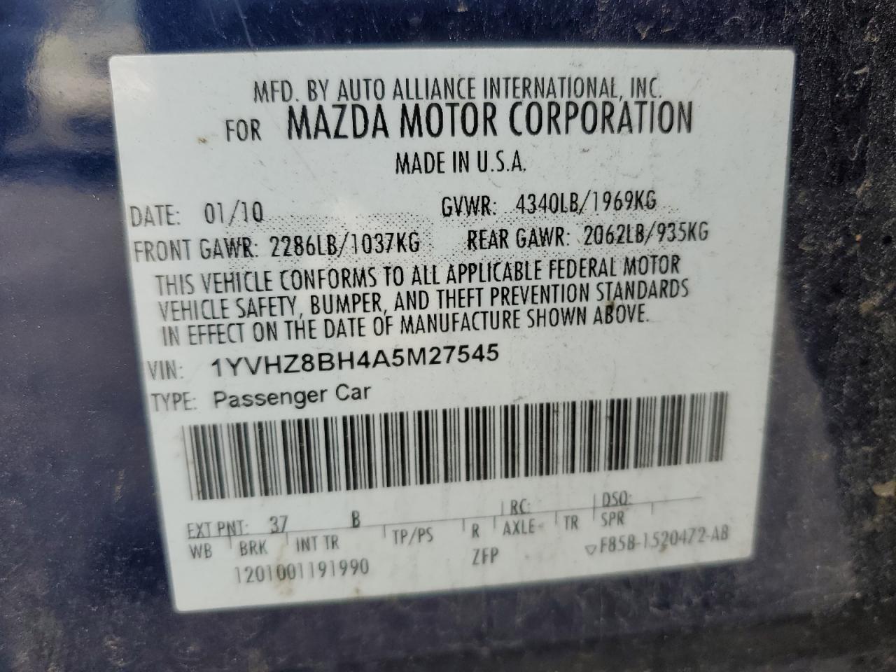 1YVHZ8BH4A5M27545 2010 Mazda 6 I