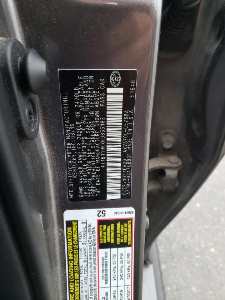 4T1B11HKXKU855183 TOYOTA CAMRY 2019