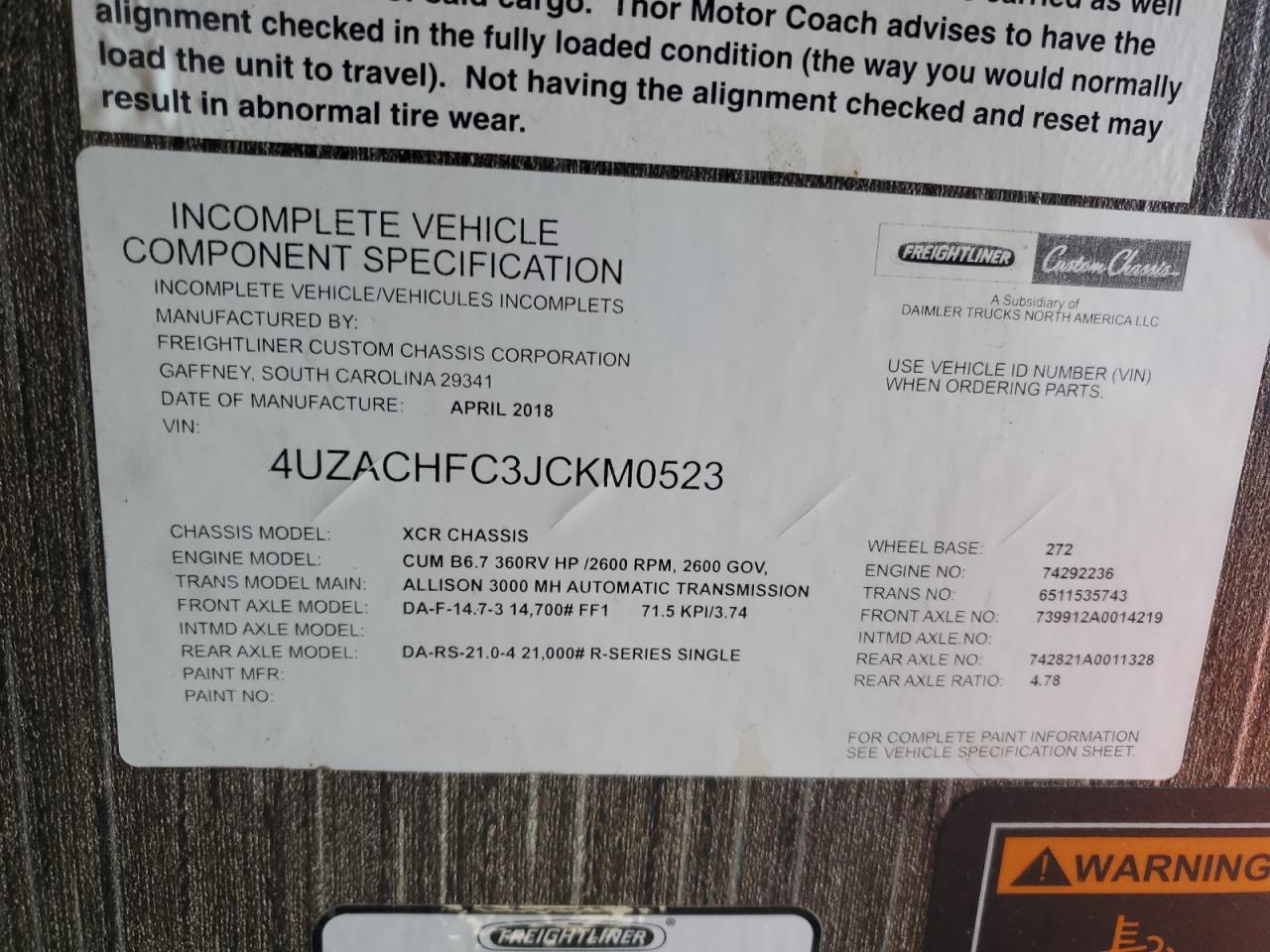 4UZACHFC3JCKM0523 THMC MOTORHOME 2019