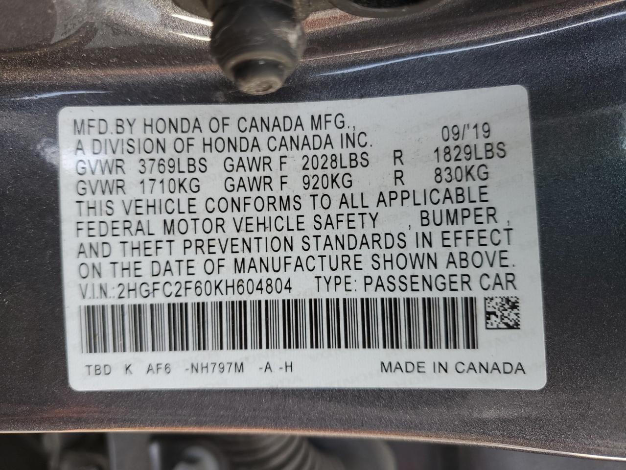 2HGFC2F60KH604804 HONDA CIVIC 2019