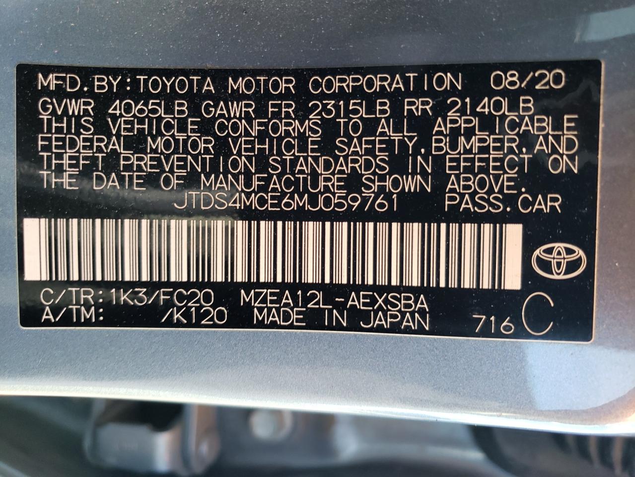 JTDS4MCE6MJ059761 2021 Toyota Corolla Se