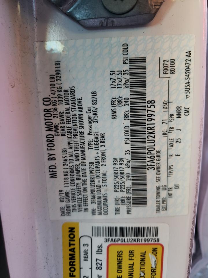 3FA6P0LU2KR199758 FORD FUSION 2019