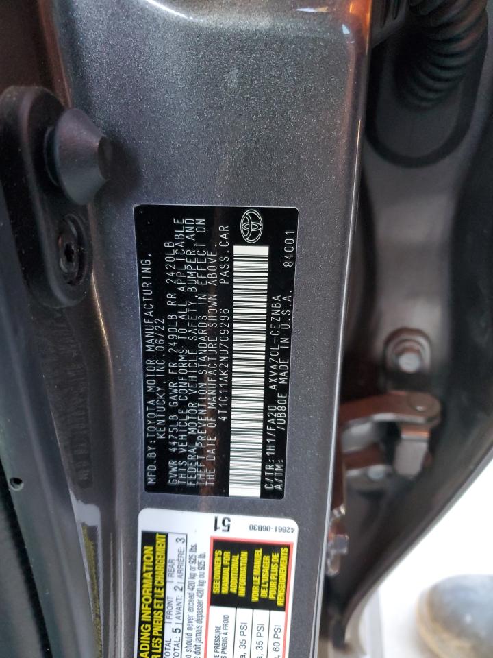 4T1C11AK2NU709296 TOYOTA CAMRY 2022