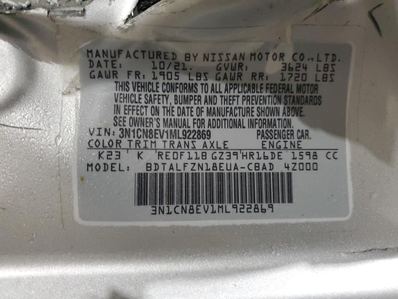 3N1CN8EV1ML922869 NISSAN VERSA 2021