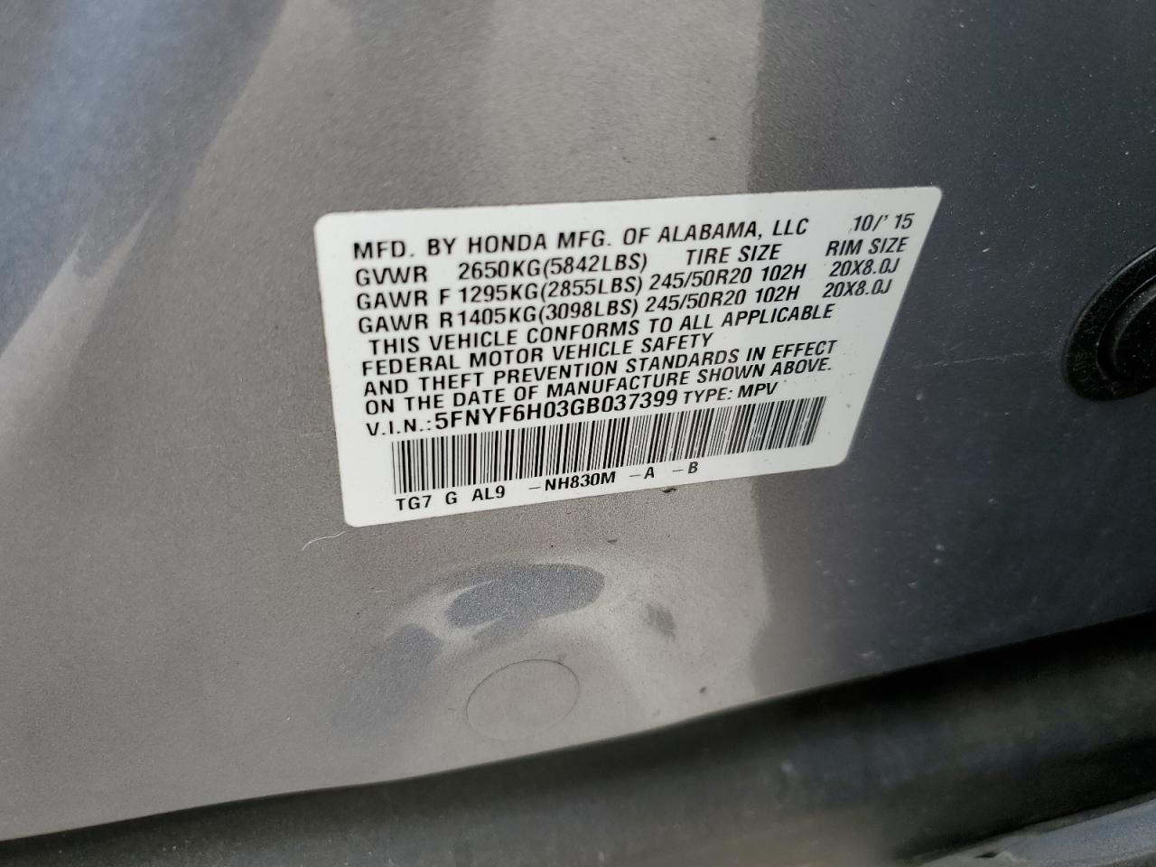 5FNYF6H03GB037399 HONDA PILOT 2016