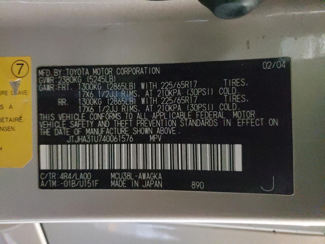 JTJHA31U740061576 2004 Lexus Rx 330