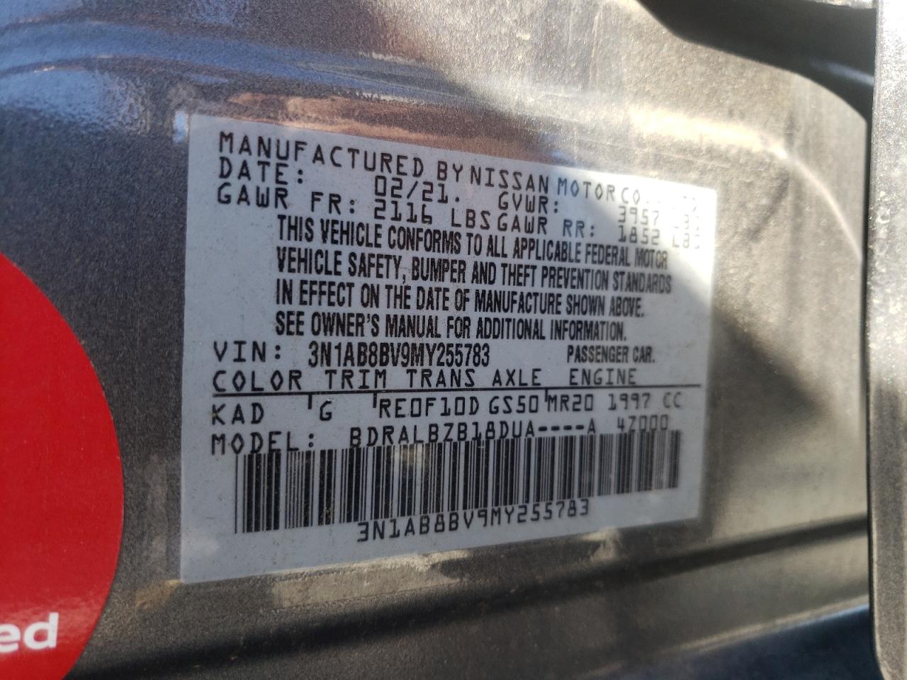 3N1AB8BV9MY255783 NISSAN SENTRA 2021