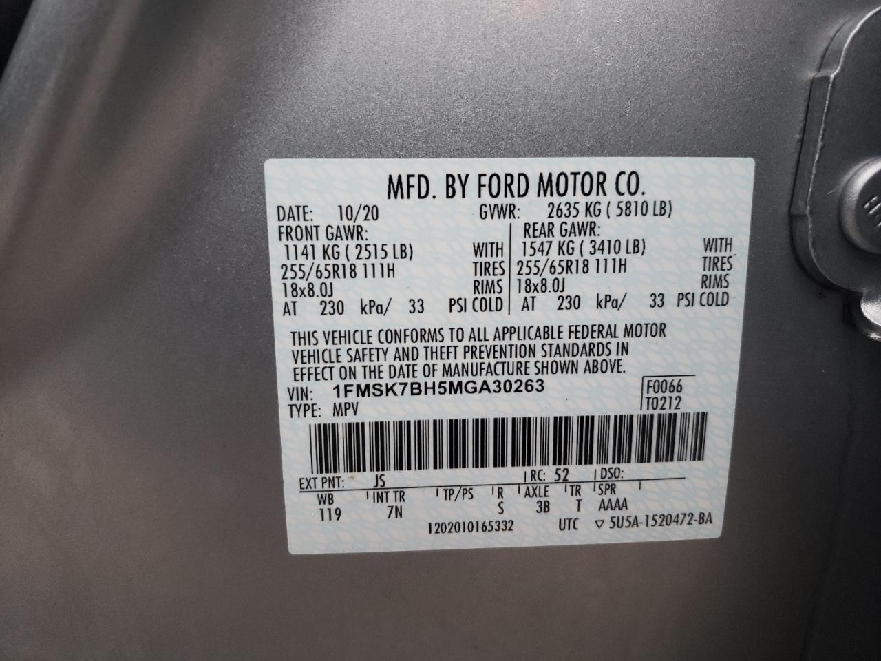 1FMSK7BH5MGA30263 FORD EXPLORER 2021