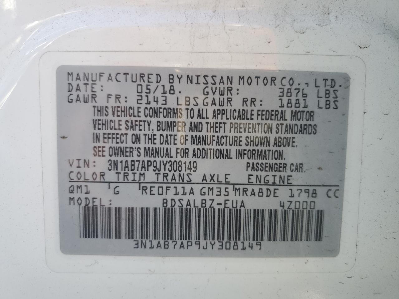 3N1AB7AP9JY308149 NISSAN SENTRA 2018