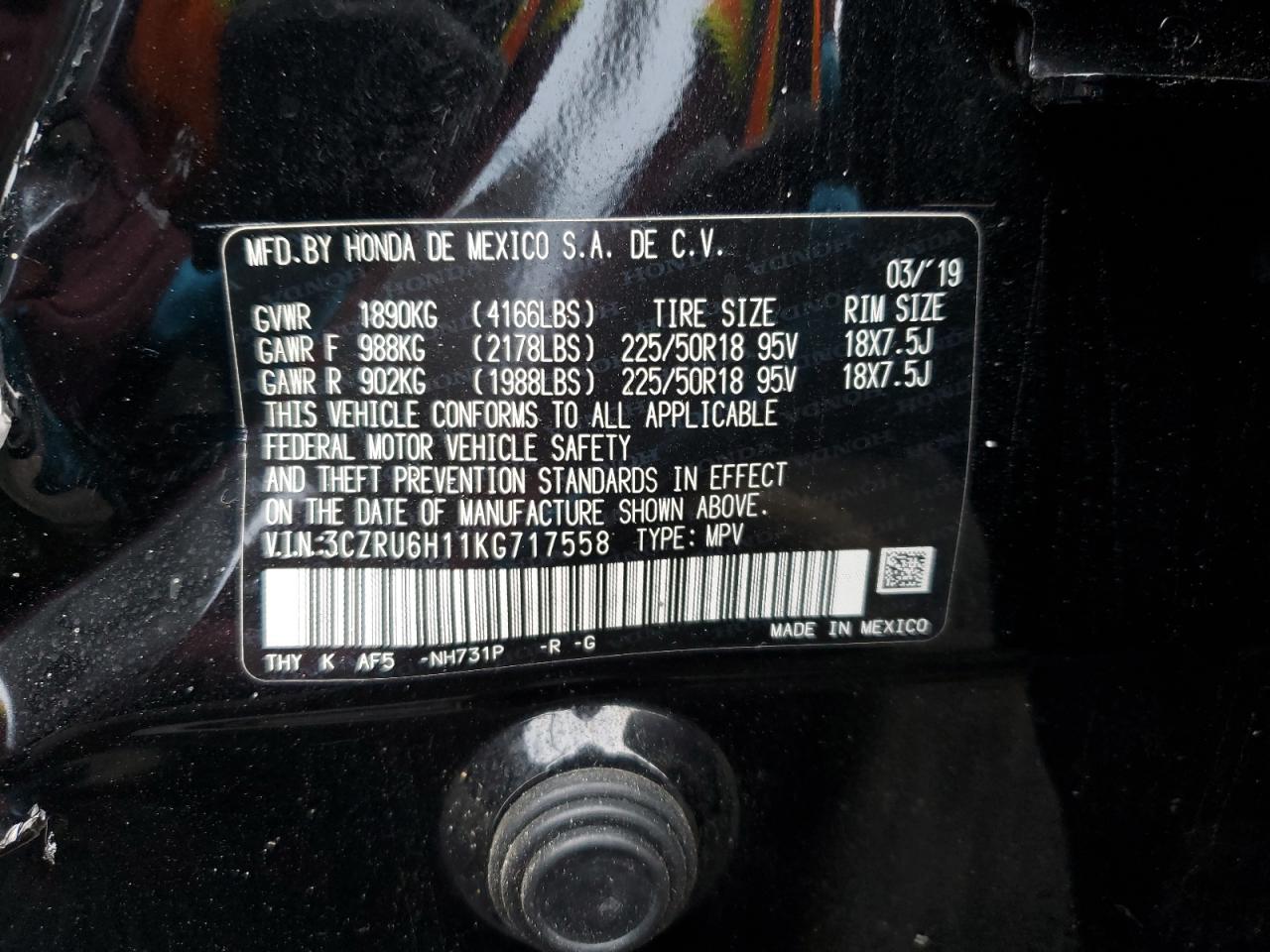3CZRU6H11KG717558 HONDA HR-V 2019