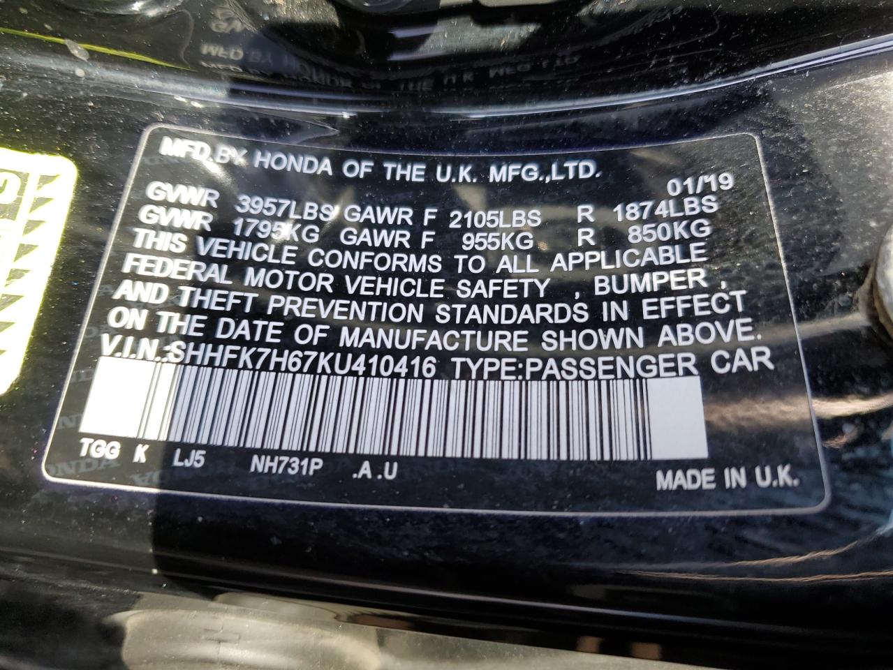 SHHFK7H67KU410416 HONDA CIVIC 2019