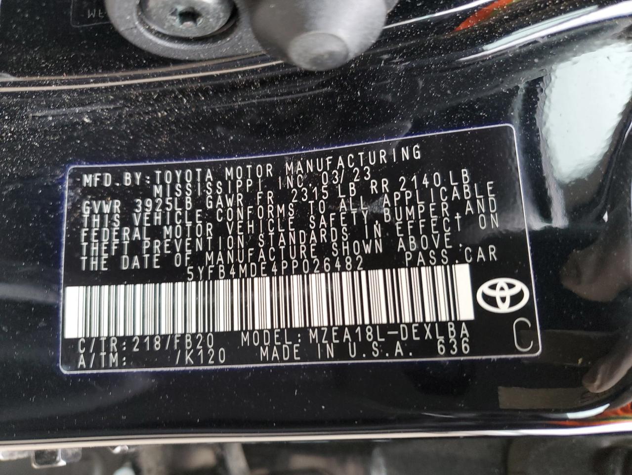 5YFB4MDE4PP026482 TOYOTA COROLLA 2023