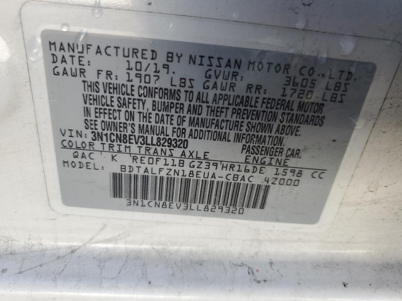 3N1CN8EV3LL829320 NISSAN VERSA 2020