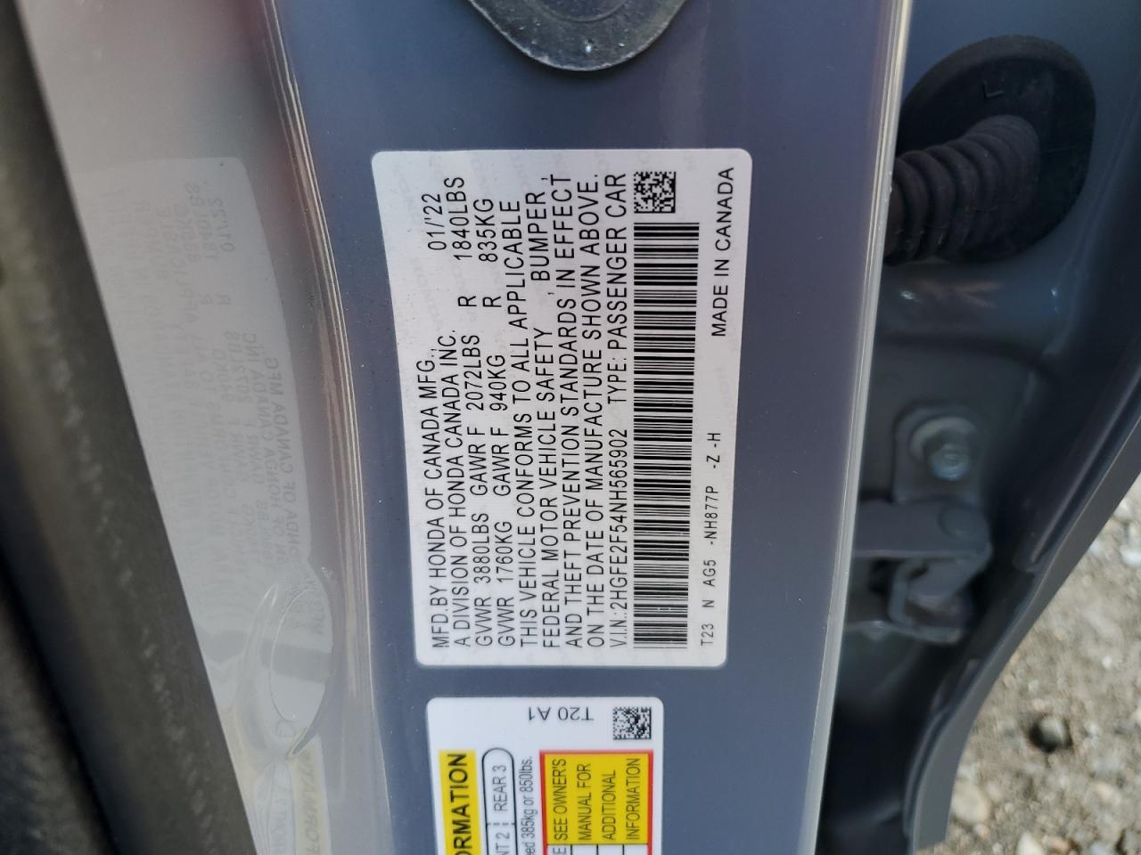 2HGFE2F54NH565902 HONDA CIVIC 2022