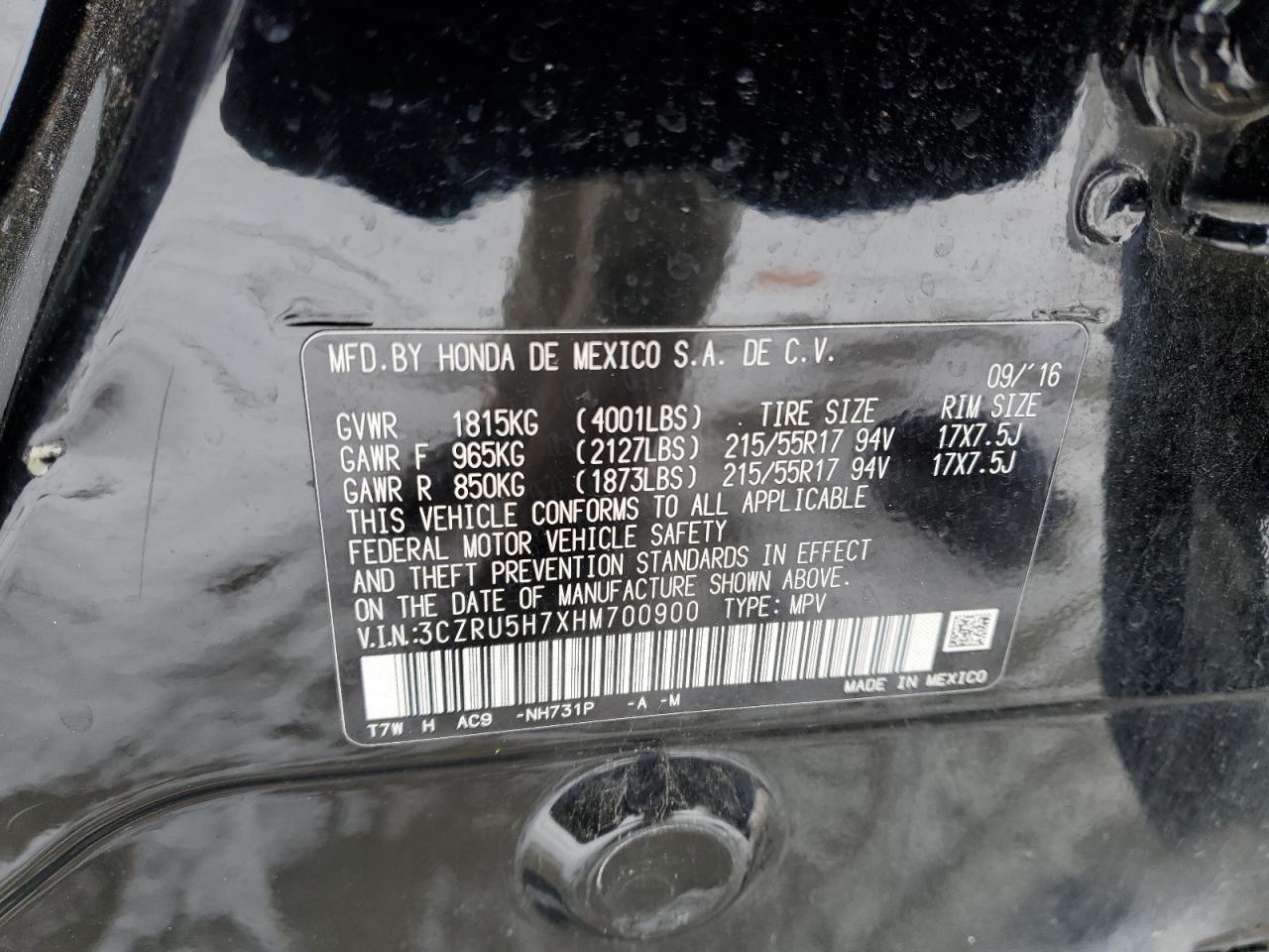 3CZRU5H7XHM700900 HONDA HR-V 2017
