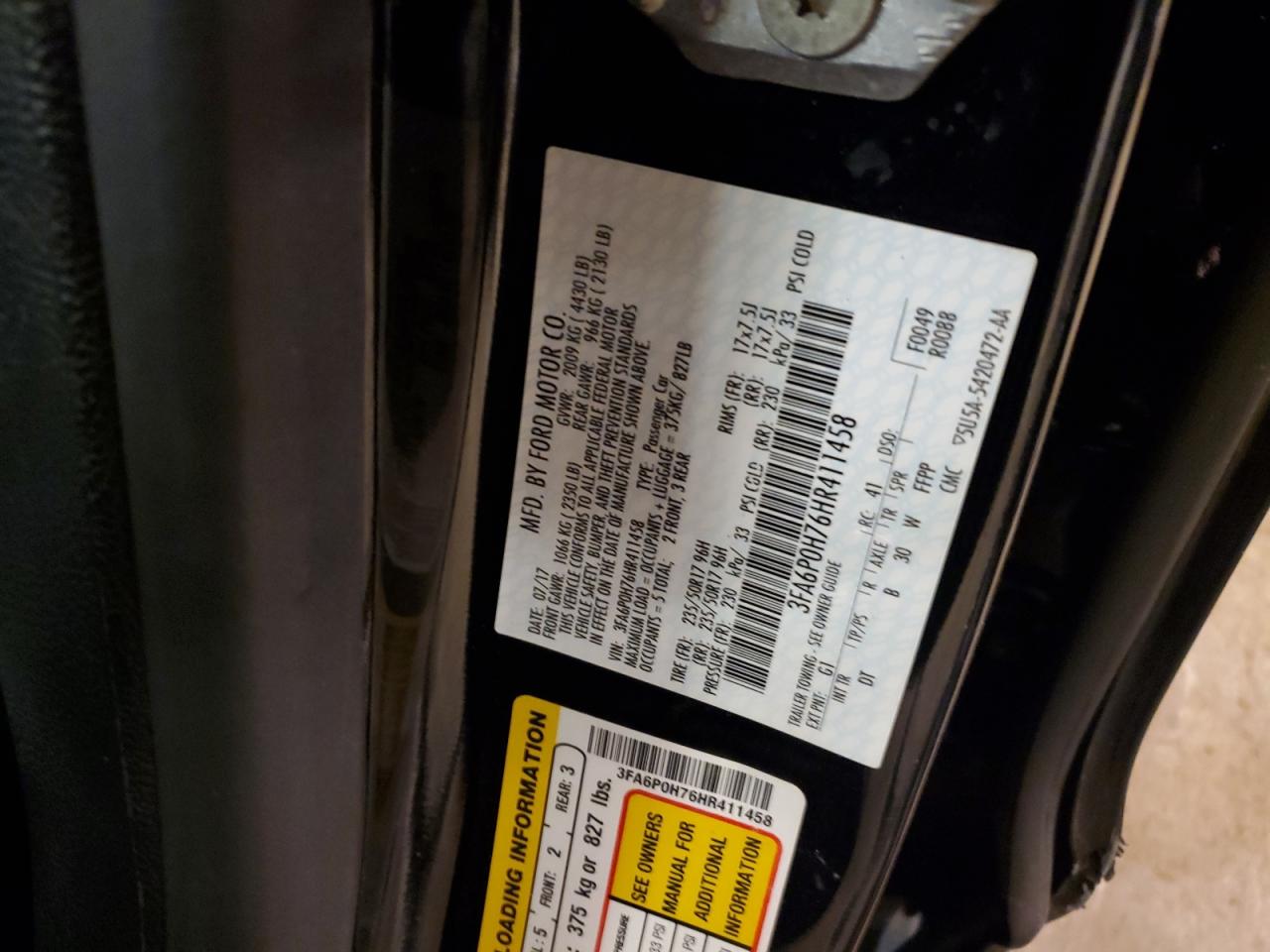 3FA6P0H76HR411458 FORD FUSION 2017