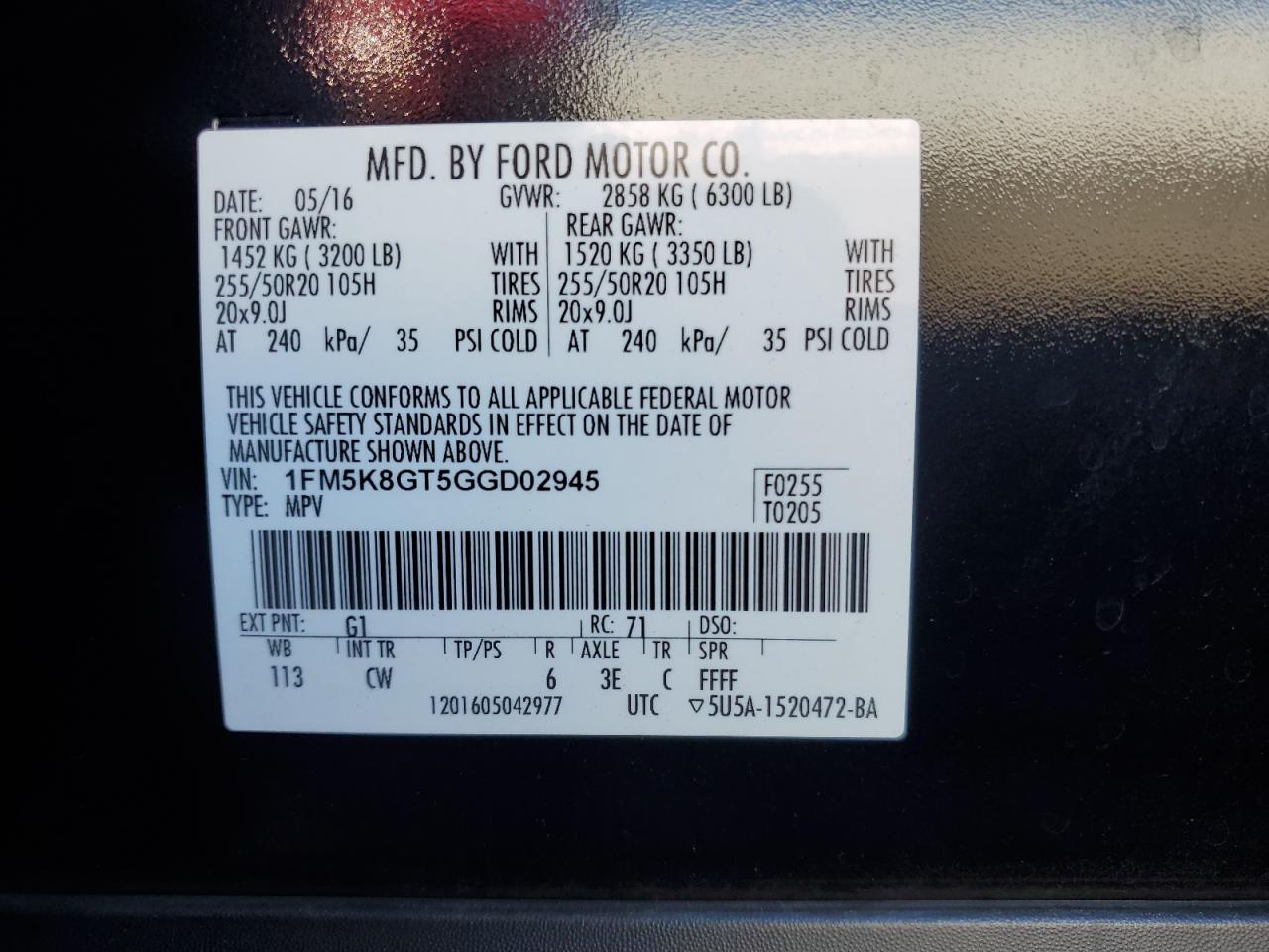 1FM5K8GT5GGD02945 FORD EXPLORER 2016