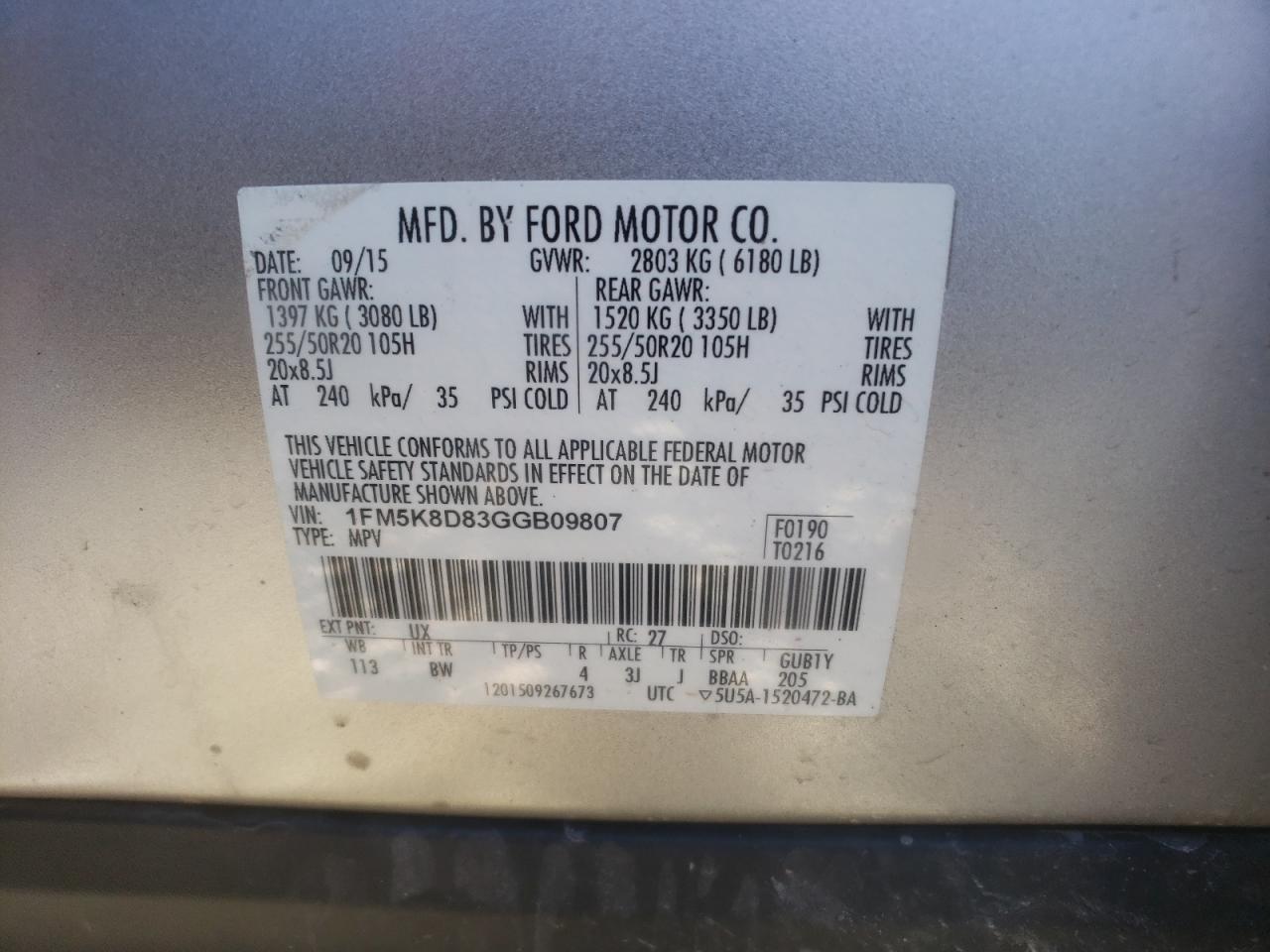 1FM5K8D83GGB09807 FORD EXPLORER 2016