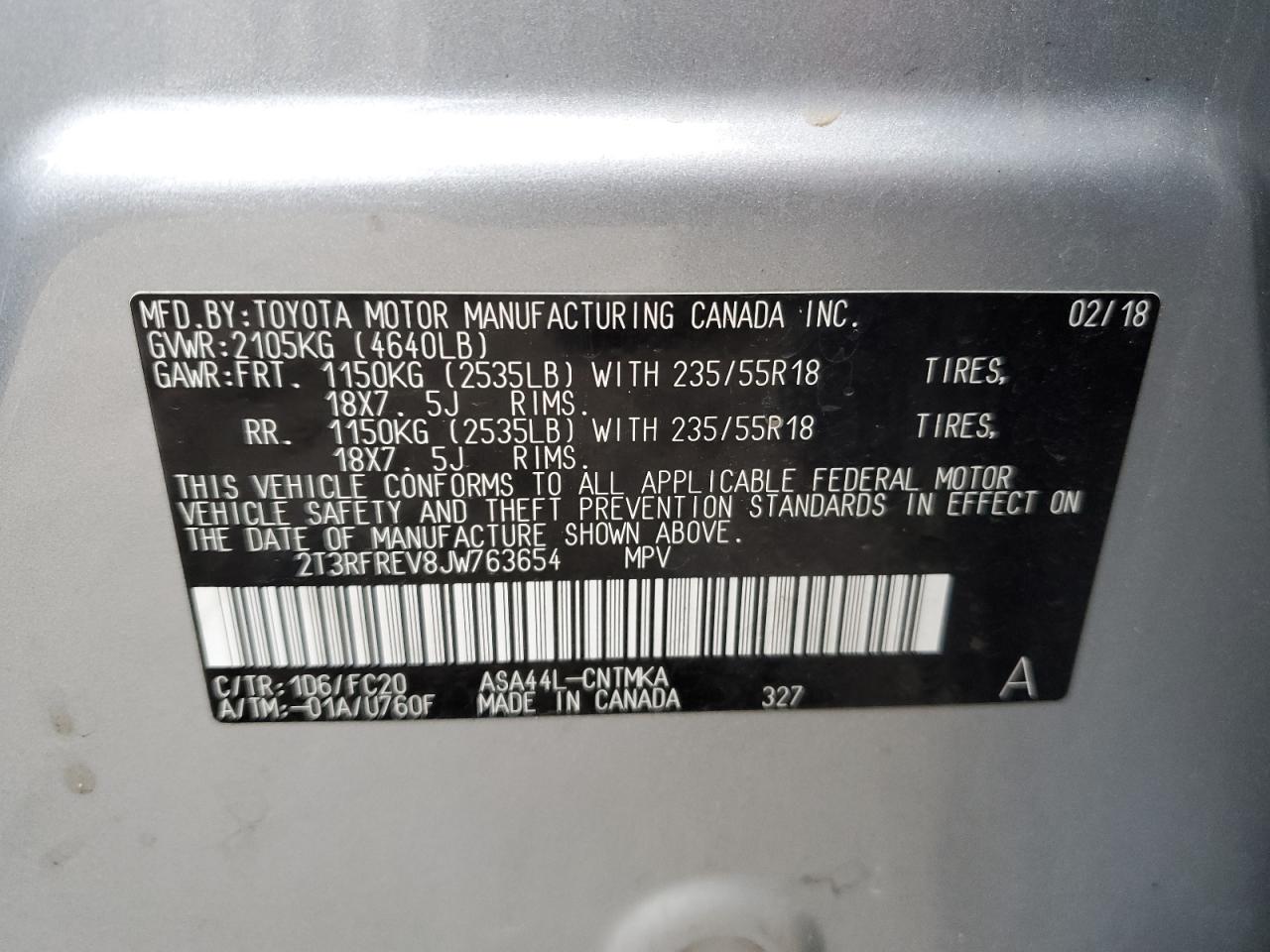 2T3RFREV8JW763654 TOYOTA RAV4 2018