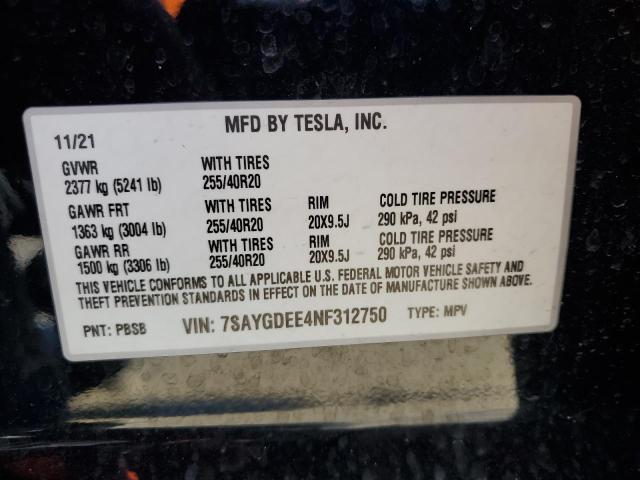 7SAYGDEE4NF312750 | 2022 TESLA MODEL Y