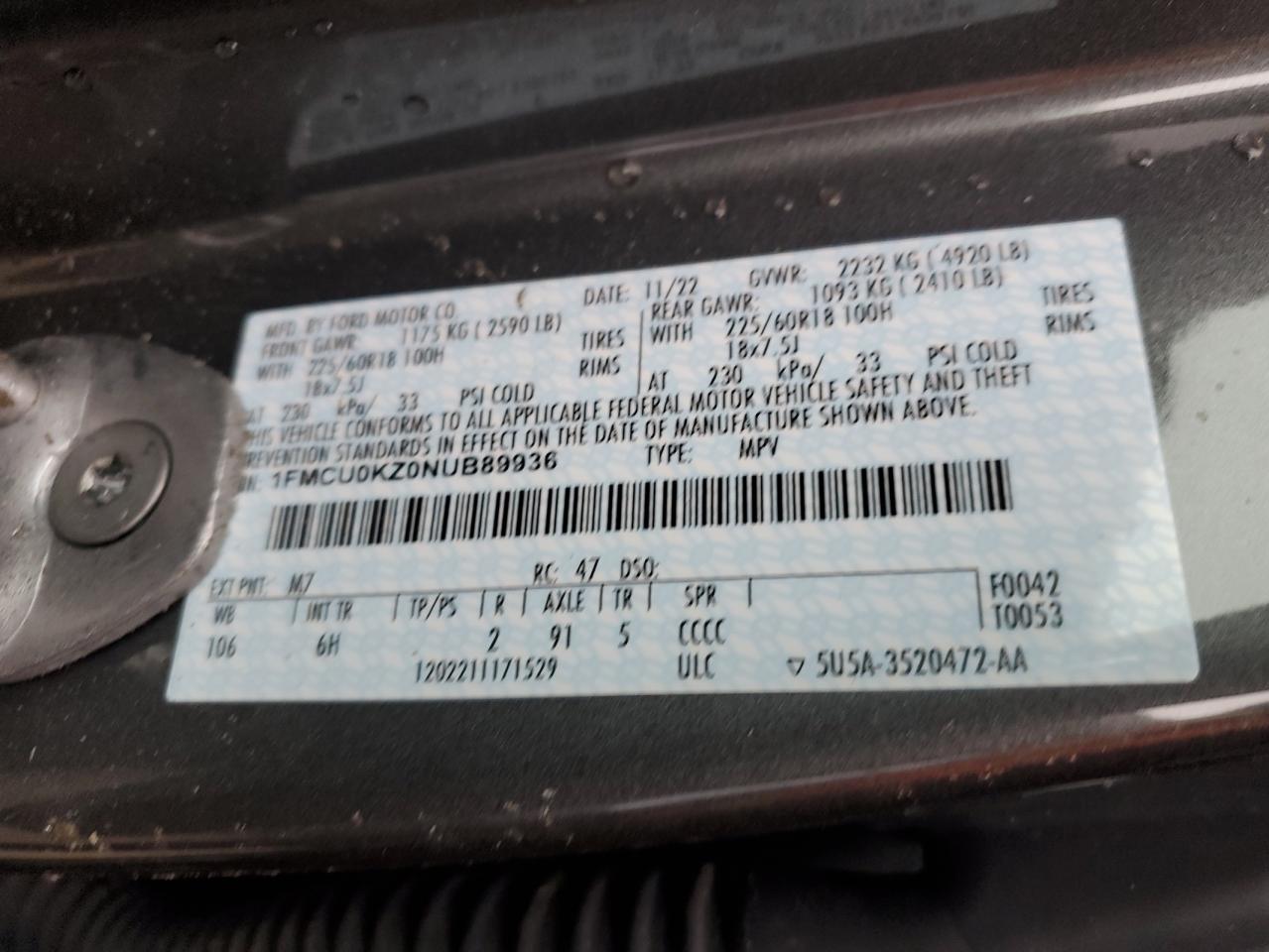 1FMCU0KZ0NUB89936 FORD ESCAPE 2022