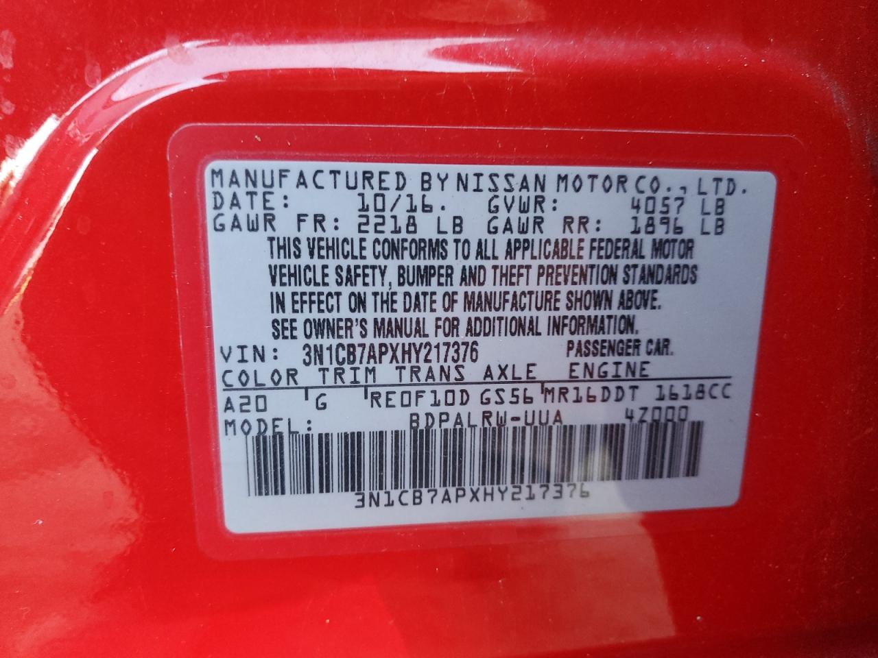 3N1CB7APXHY217376 NISSAN SENTRA 2017