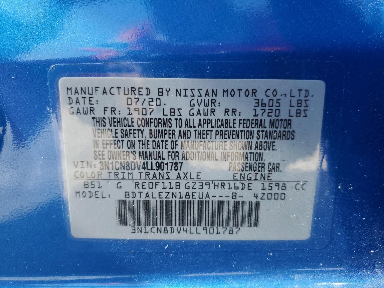 3N1CN8DV4LL901787 NISSAN VERSA 2020