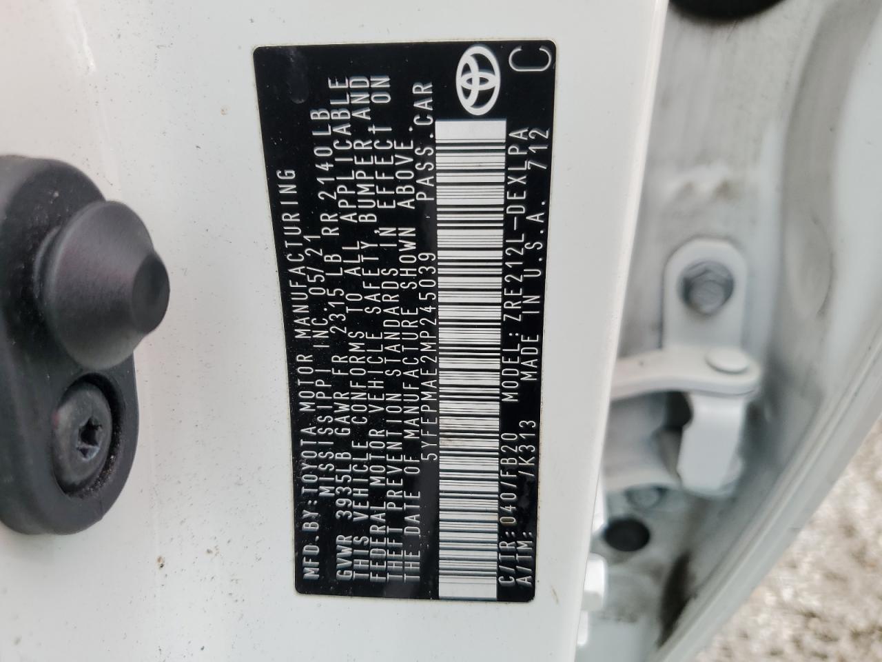 5YFEPMAE2MP245039 TOYOTA COROLLA 2021