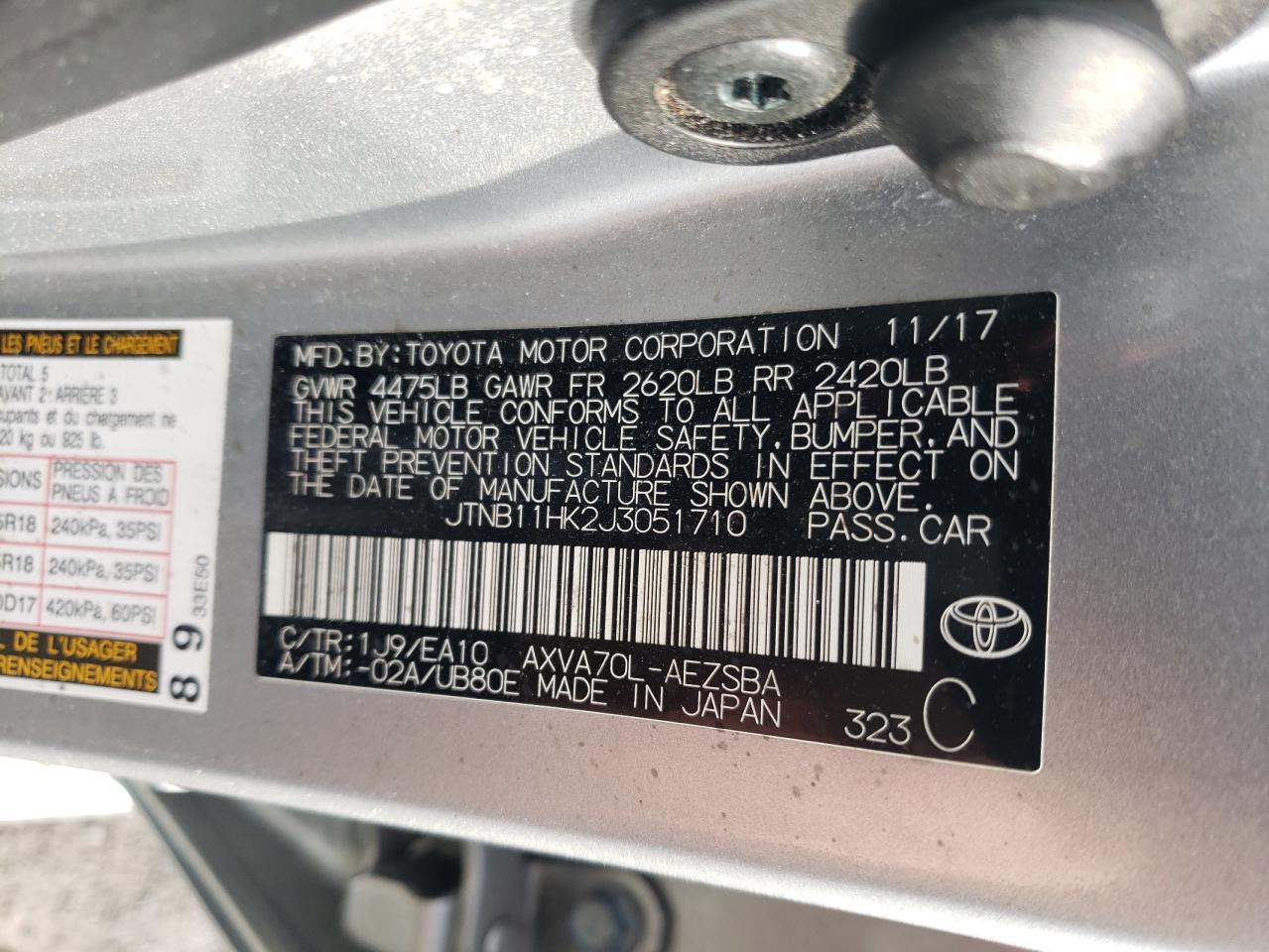 JTNB11HK2J3051710 TOYOTA CAMRY 2018