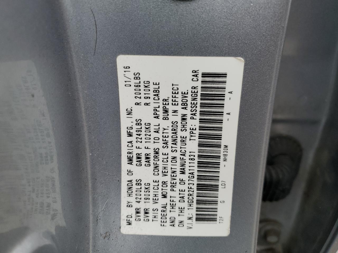 1HGCR2F37GA111831 HONDA ACCORD 2016