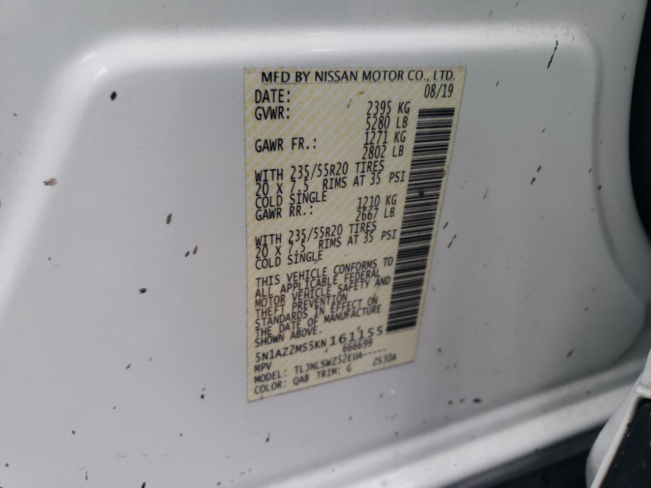 5N1AZ2MS5KN161155 NISSAN MURANO 2019