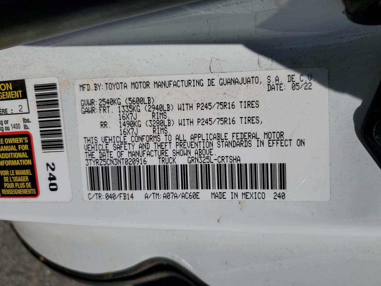 3TYRZ5CN3NT020916 TOYOTA TACOMA 2022