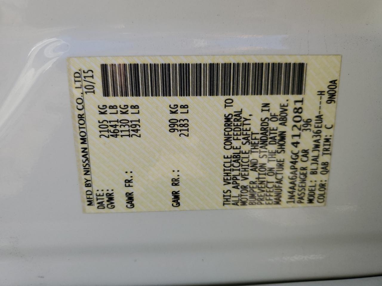 1N4AA6AP4GC412081 NISSAN MAXIMA 2016