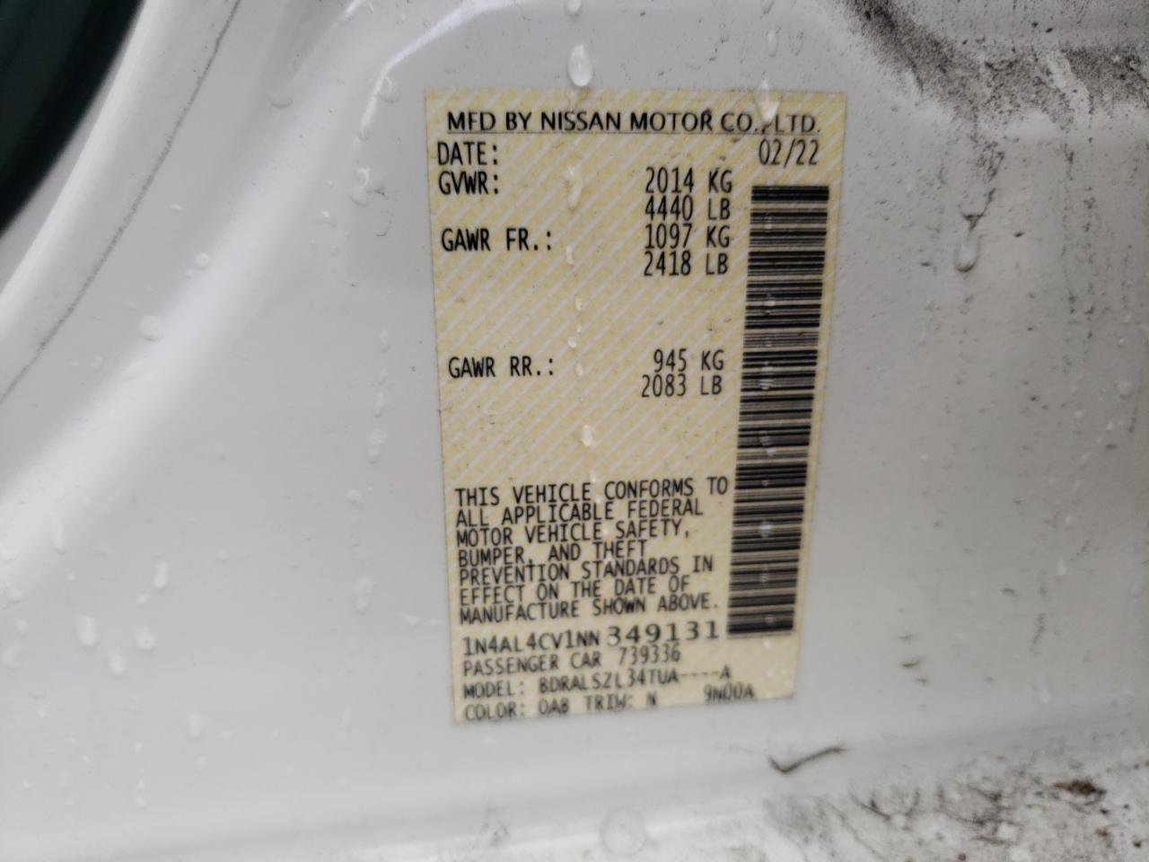 1N4AL4CV1NN349131 NISSAN ALTIMA 2022