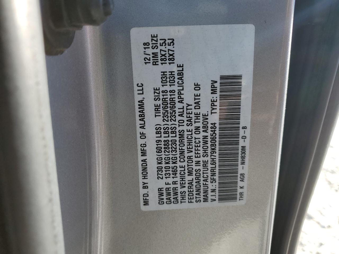 5FNRL6H79KB065484 HONDA All Models 2019