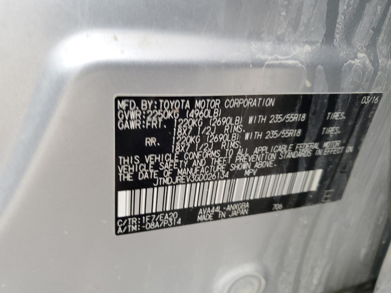 JTMDJREV3GD026134 TOYOTA RAV4 2016