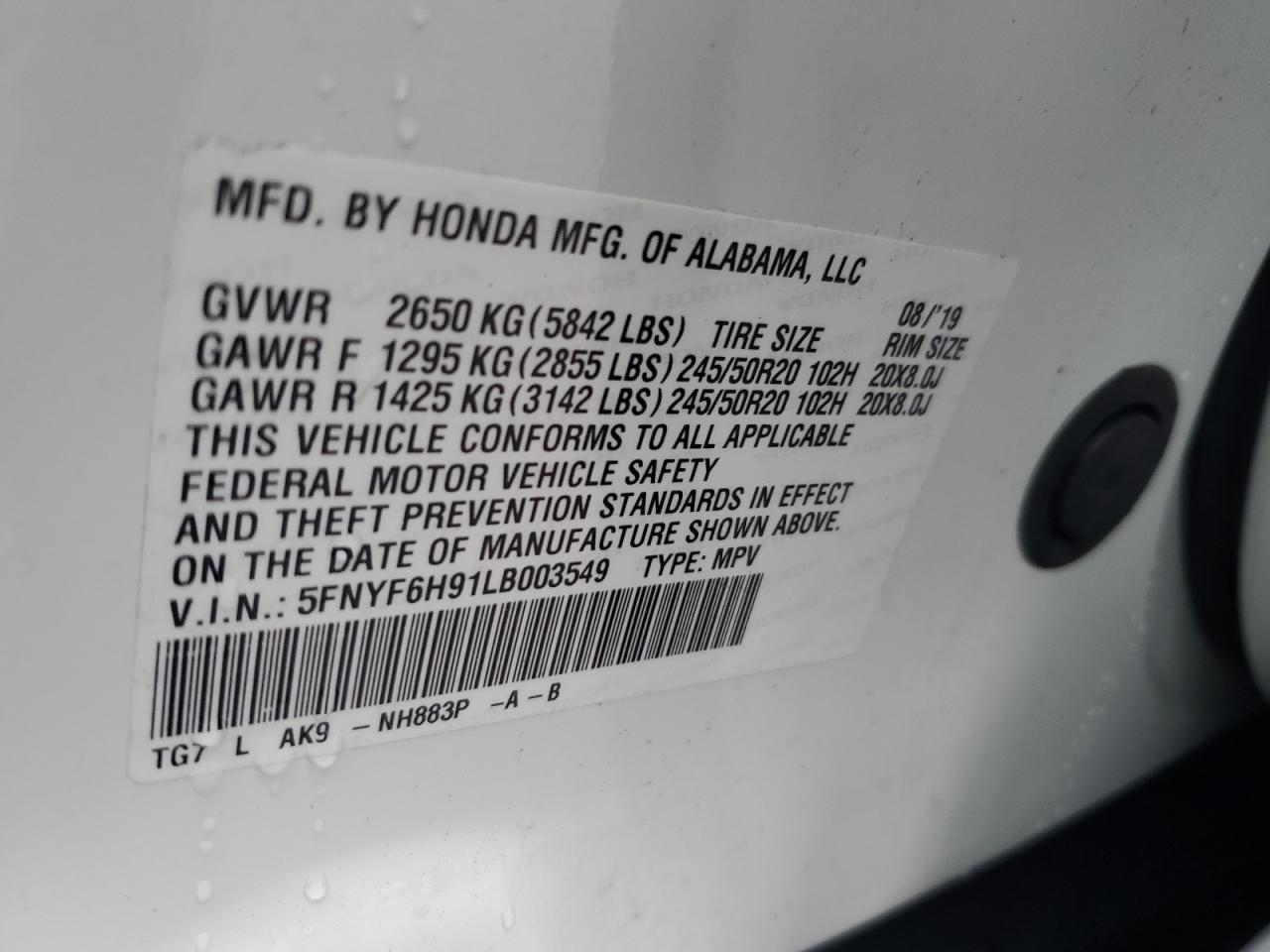 5FNYF6H91LB003549 HONDA PILOT 2020