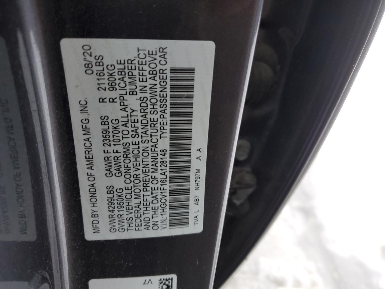 1HGCV1F16LA128148 HONDA ACCORD 2020