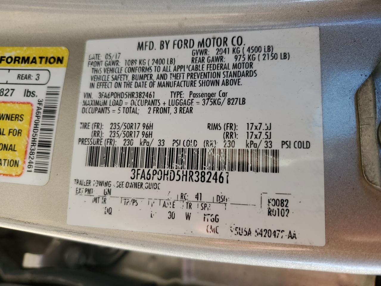 3FA6P0HD5HR382461 FORD FUSION 2017