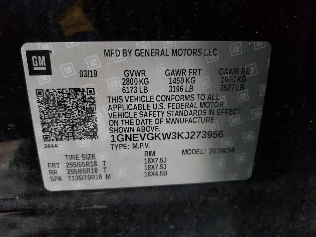 1GNEVGKW3KJ273956 CHEVROLET TRAVERSE 2019