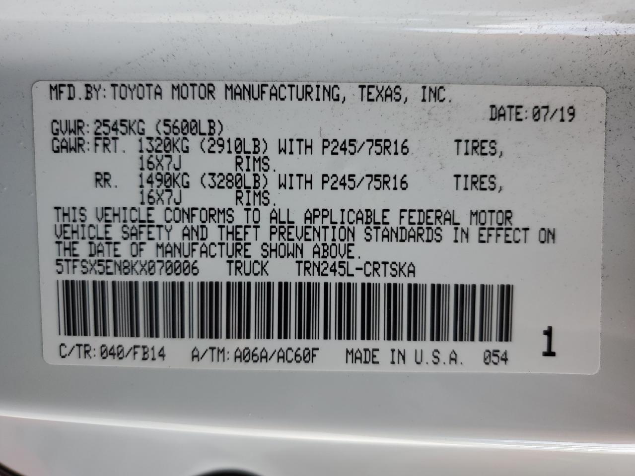 5TFSX5EN8KX070006 TOYOTA TACOMA 2019
