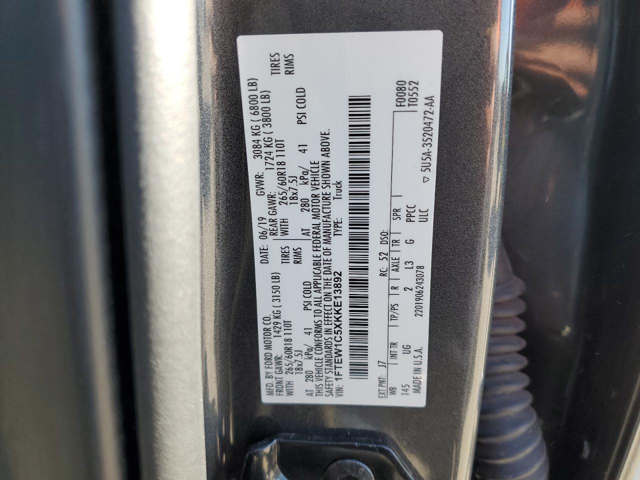 1FTEW1C5XKKE13892 FORD F-150 2019