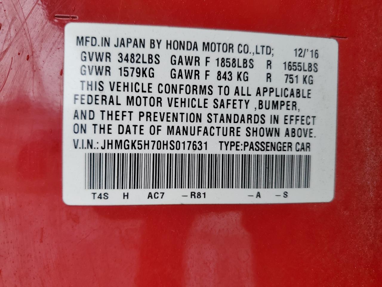 JHMGK5H70HS017631 HONDA FIT 2017
