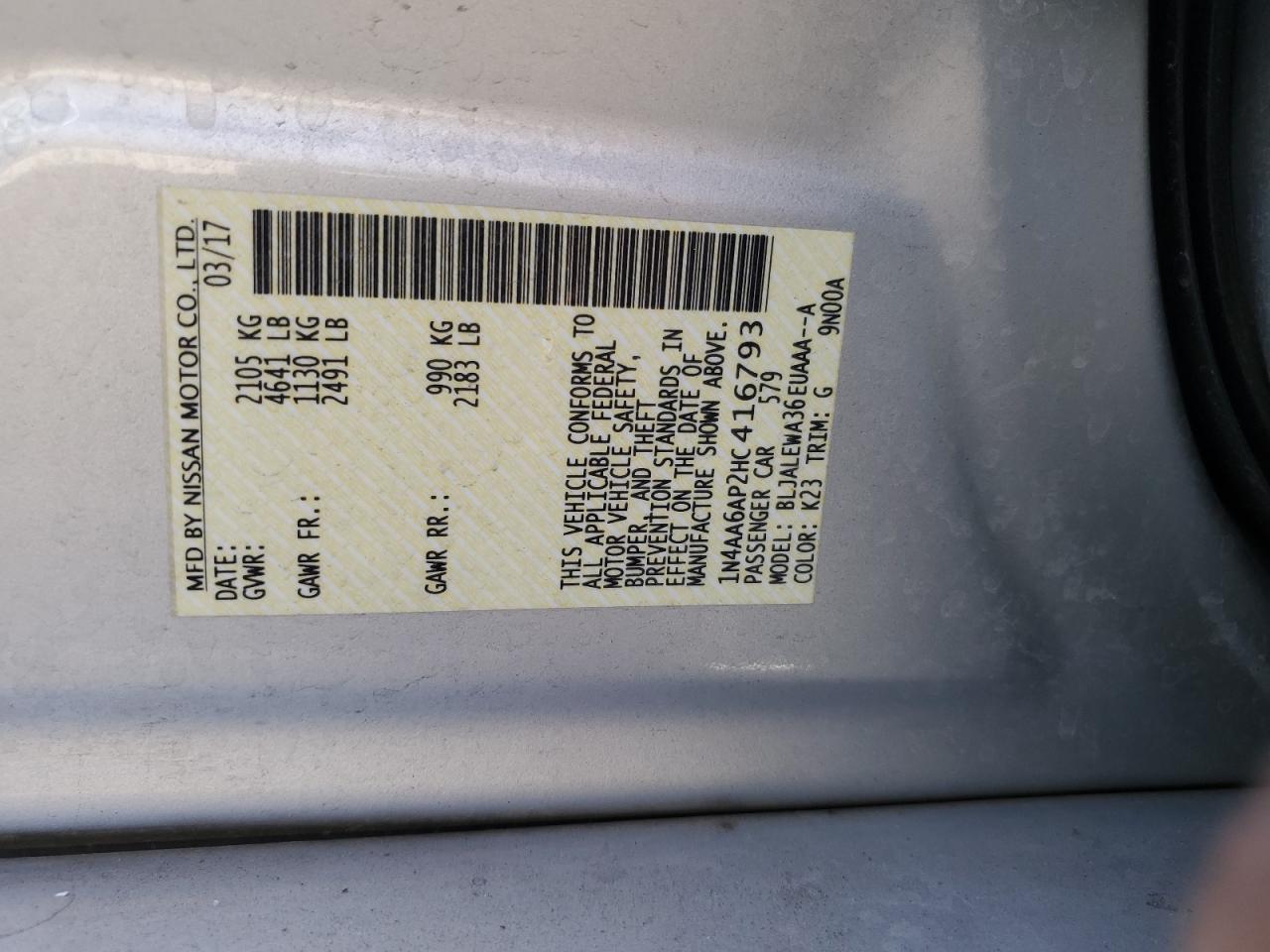 1N4AA6AP2HC416793 NISSAN MAXIMA 2017
