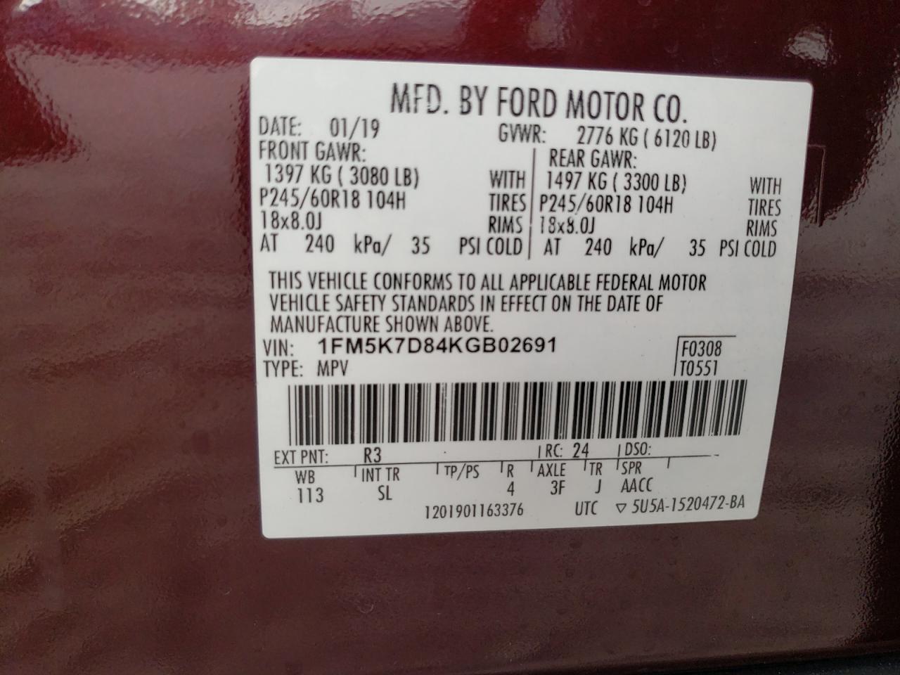 1FM5K7D84KGB02691 FORD EXPLORER 2019