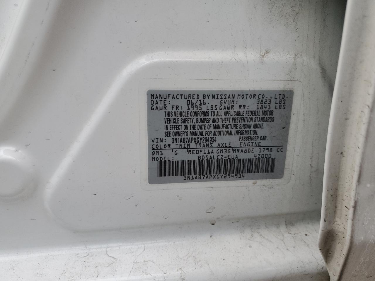 3N1AB7APXGY294934 NISSAN SENTRA 2016