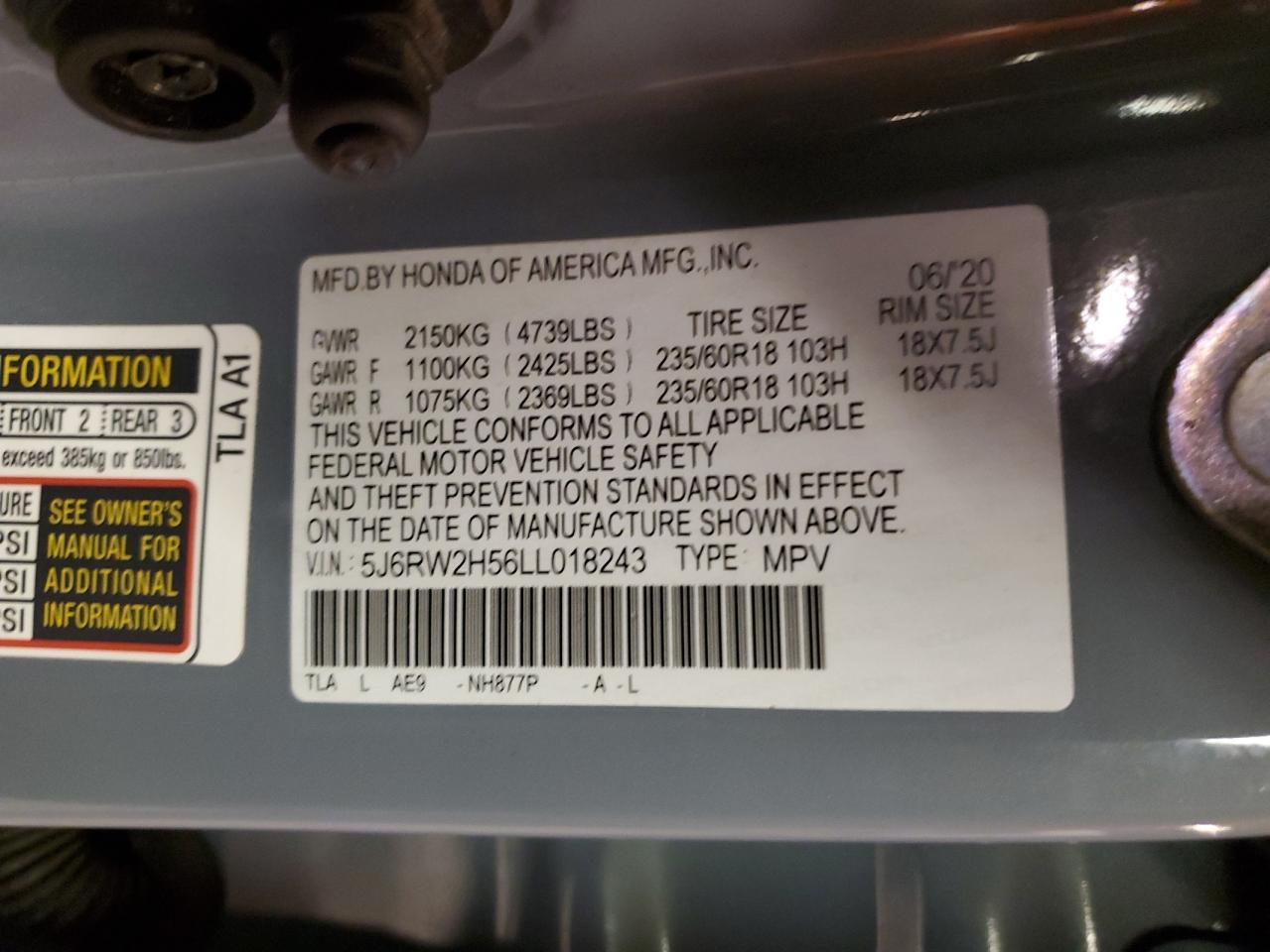 5J6RW2H56LL018243 HONDA CRV 2020