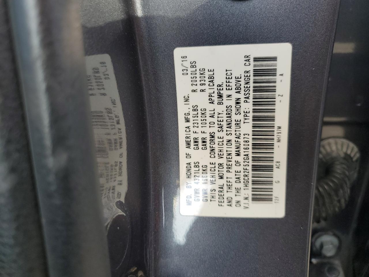 1HGCR2F52GA160873 HONDA ACCORD 2016
