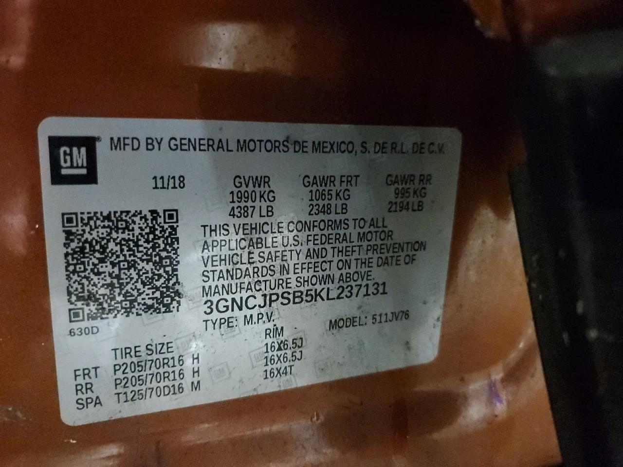 3GNCJPSB5KL237131 CHEVROLET TRAX 2019